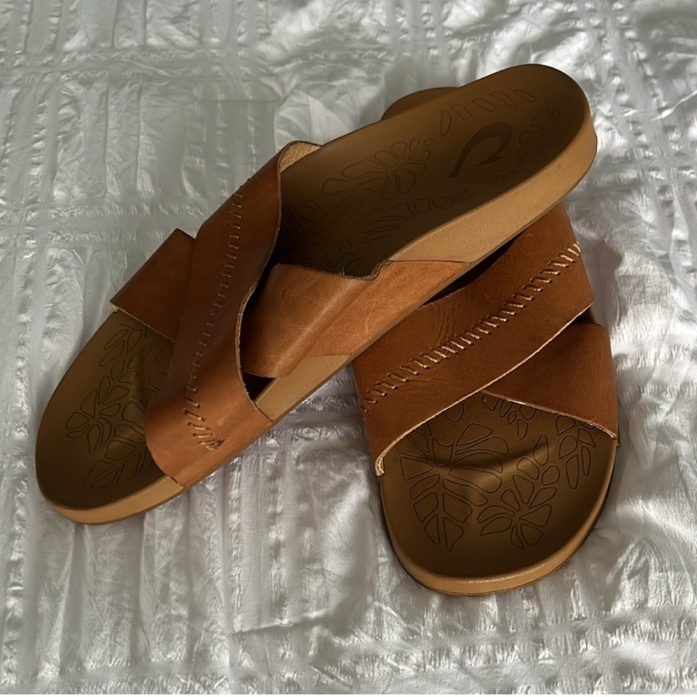 OluKai Kipea Women’s Brown Leather Slide Sandal EUC